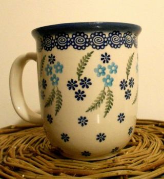 Polish Pottery Boleslawic Stone Blue Green Flowers Coffee Mug / Tea Cup 4 "