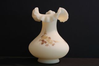 Fenton Hand Painted Custard Glass Ruffled Flower Vase Signed By Lisa W.