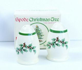 Spode " Christmas Tree " Salt & Pepper Shakers W/holly & Mistletoe In Orig Box