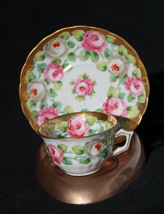 Antique Saxe Gold Gilded Hand Painted Pink Roses Demitasse Tea Cup And Saucer