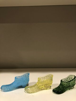 Set Of Three Fenton Glass Slipper Shoes Blue Yellow Green