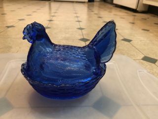 Cobalt Blue Hen On Nest Scalloped Glass Chicken Candy Dish