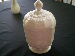Paneled Grape Milk Glass Candy Jar Made By Westmoreland Glass Company