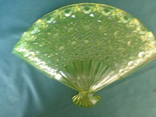 Antique Vaseline Daisy and Button Early American Pattern Glass Fan Shaped Dish 5