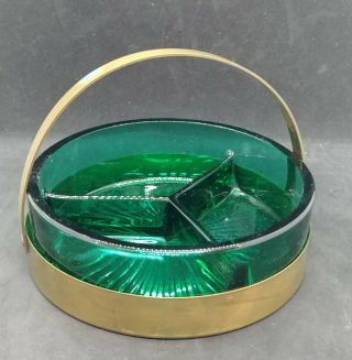 Vintage Deep Green Divided Relish Candy Dish With Metal Caddy
