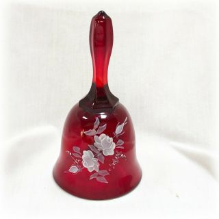 Vintage Fenton Ruby Red Artist Signed Handpainted White Rose Bell With Labels