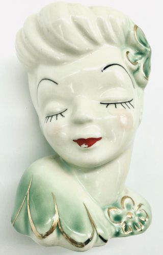 Vintage Elegant Usa Ceramic Lady Head Vase Art Deco Mcm Gold Green Glamour Girl