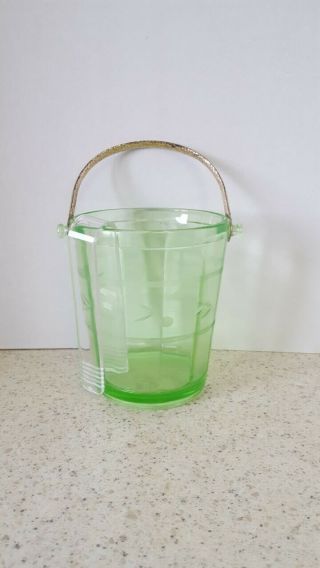 Ice Bucket - Green Depression - Etched Glass - Handled Bucket