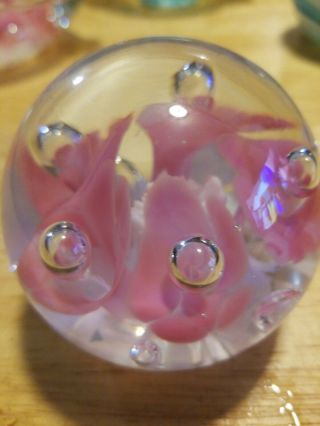 Vintage Joe St Clair Glass Paperweight With Pink Trumpet Flowers