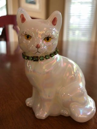 Fenton White Opalescent Kitty Cat With Rhinestone Collar - Signed