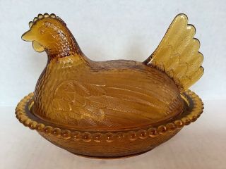 Vintage Indiana Amber Yellow Gold Glass Hen On Nest Covered Candy Dish Bowl