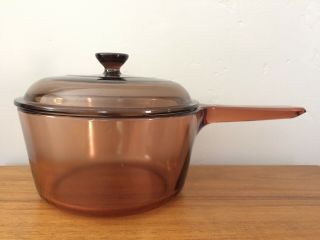 Vintage Corning Pyrex Vision Ware 1.  5 L Amber Glass Pot Sauce Pan With Lid - Usa