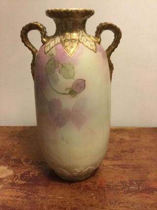 Antique Hand Painted Nippon Porcelain Vase W/ribbon Handles 10.  5 " Tall