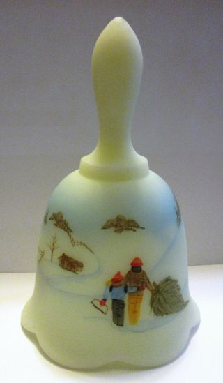 Lovely 1982 Fenton Custard Glass Bell,  Signed,  Bringing Home The Christmas Tree
