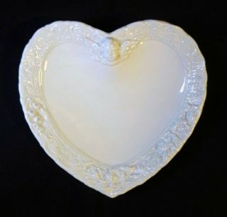 Vintage Majolica Heart Shape Dish With Cherub & Flowers Cream Ware Made In Italy