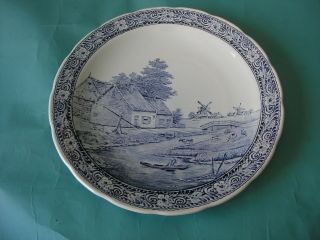 Antique Delft Blue Boch Belgium Porcelain Plate With Landscape Scene 15.  5 " Dia.