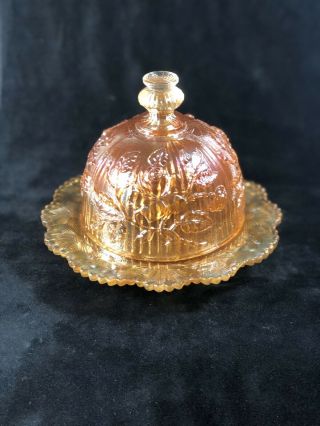 Vintage Marigold Carnival Glass Butter Dish And Lid
