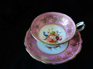 Hammersley Rose Bouquet With Gold On Pink Footed Tea Cup And Saucer