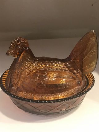 Vintage Amber Glass Hen On Nest Covered Bowl Dish.  Brand Unknown.  Good.