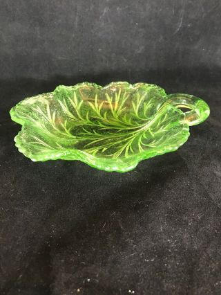 Vintage Green Depression Green Leaf Candy Dish Vaseline Glass