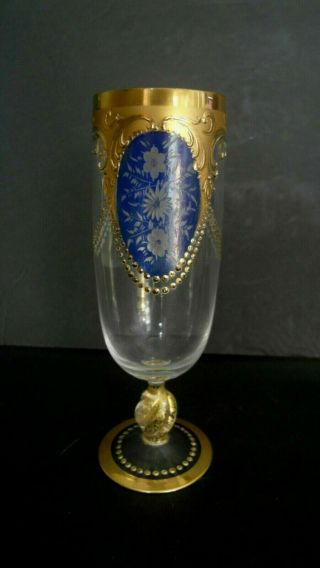 Bohemian Moser Rare Etched Hand Cut Glass Blue Champagne Goblet