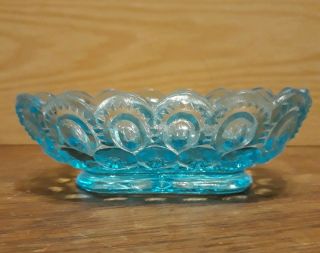 Vintage L.  E.  Smith Moon & Stars Lt Blue Candy Dish Pressed Glass Scalloped Oval