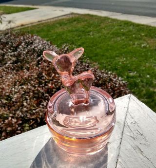 Adorable Vintage Jeanette Pink Depression Glass Covered Candy Dish W/deer Fawn
