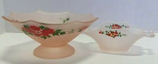 Frosted Pink Depression Glass Footed Bowl And Candy Dish.  Hand Painted Floral