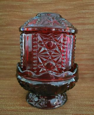 Vintage Indiana Glass Ruby Red Flashed Stars And Bars Fairy Lamp