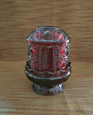 Vintage Indiana Glass Ruby Red Flashed Stars and Bars Fairy Lamp 4