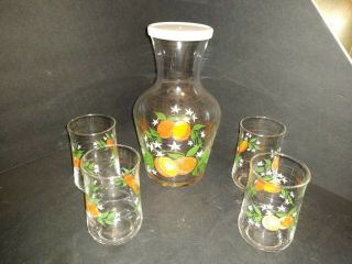 Vintage Orange Juice Carafe Decanter Pitcher With Lid And 4 Glasses.