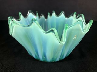 Vintage French Opalescent Duncan Miller? Bowl Teall Green Soft Blue Ruffled Top