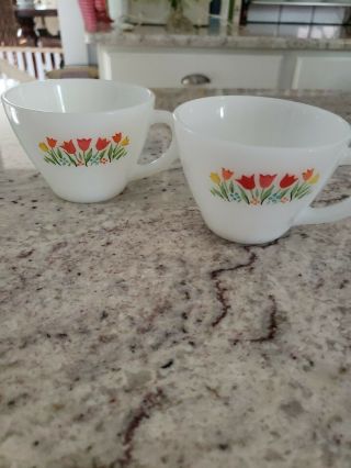 Vintage Fire King Milk Glass Tulips Flowers Print Tea Cups