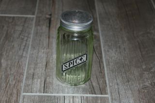 Vintage Green Ribbed Depression Vaseline Glass Spice Jar
