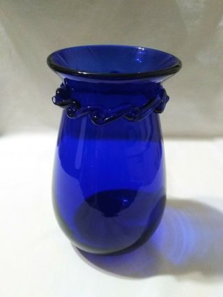 Vintage Cobalt Blue Blown Glass 7 " Vase,  Ribbon Accent