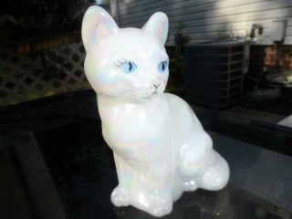 Hand Painted Fenton Label Signed P.  Fleak Cat Iridescent White