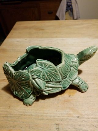 VINTAGE 1950 McCOY GREEN TURTLE & LILY PAD PLANTER EX COND 2