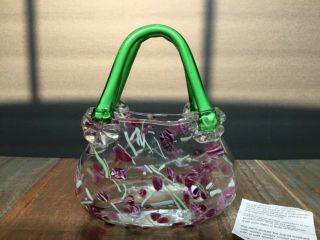 Block Crystal Handbag Vase Mouth Blown Art Glass Polished Clear Purple Green Euc