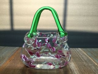 Block Crystal Handbag Vase Mouth Blown Art Glass Polished Clear purple green euc 2