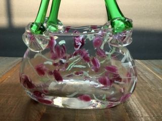 Block Crystal Handbag Vase Mouth Blown Art Glass Polished Clear purple green euc 5