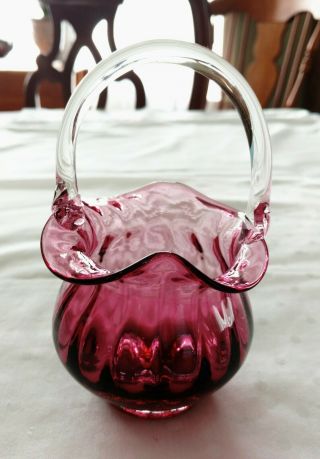 Lovely Vintage Pilgrim Cranberry Art Glass Basket With Crystal Handle