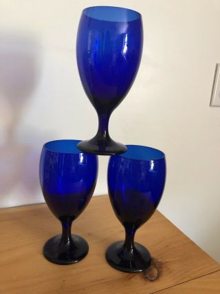 Set Of 3 Libbey Premier Cobalt Blue Glass Stemmed Water Goblets Glasses 7 " Tall