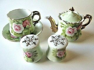 Lefton Green Heritage Rose China Set Salt Pepper Teapot Cup Saucer Japan