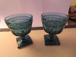 Vintage Set Of 2 Mini Goblets Made Of Blue - Green Pressed Glass,  Great Shape