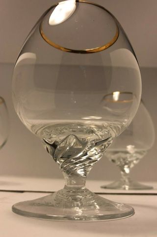 Set 4 Crystal Brandy Cognac Snifter Balloon Glasses Gold Rim Swirl Twisted Stem