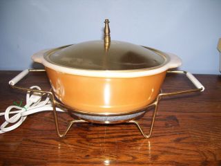 Vintage Fire King Peach Luster 2 Qt.  Casserole Dish With Warmer Stand.