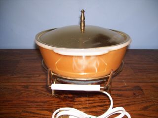 Vintage Fire King Peach Luster 2 Qt.  Casserole Dish with Warmer Stand. 2
