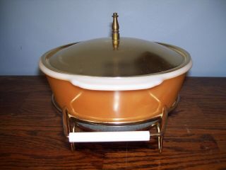 Vintage Fire King Peach Luster 2 Qt.  Casserole Dish with Warmer Stand. 4