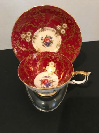 Aynsley China Royalty Deco 7687 Ruby Red Tea Cup And Saucer