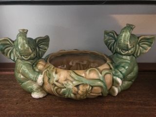 Vintage Art Pottery Large Green Majolica Planter Bowl Elephants Vines Marked